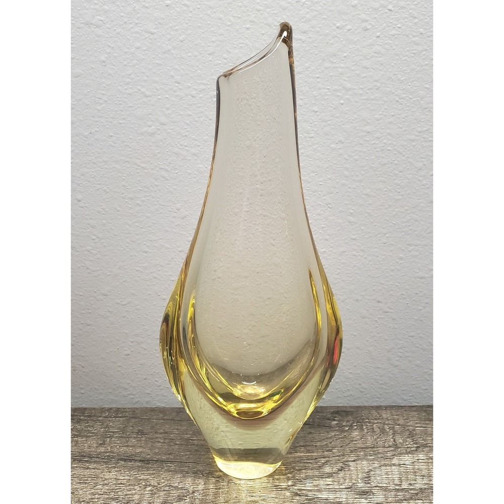 Bohemian Czech Glass Yellow‎  Citrine Teardrop Vase 1960's MCM Heavy 9.5" EUC